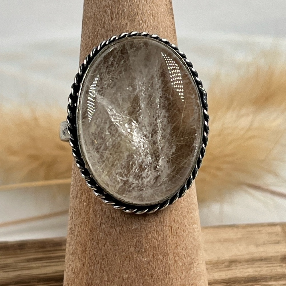 925 Sterling Silver Overlay Rutilated Quartz Gemstone Ring Size 8.25